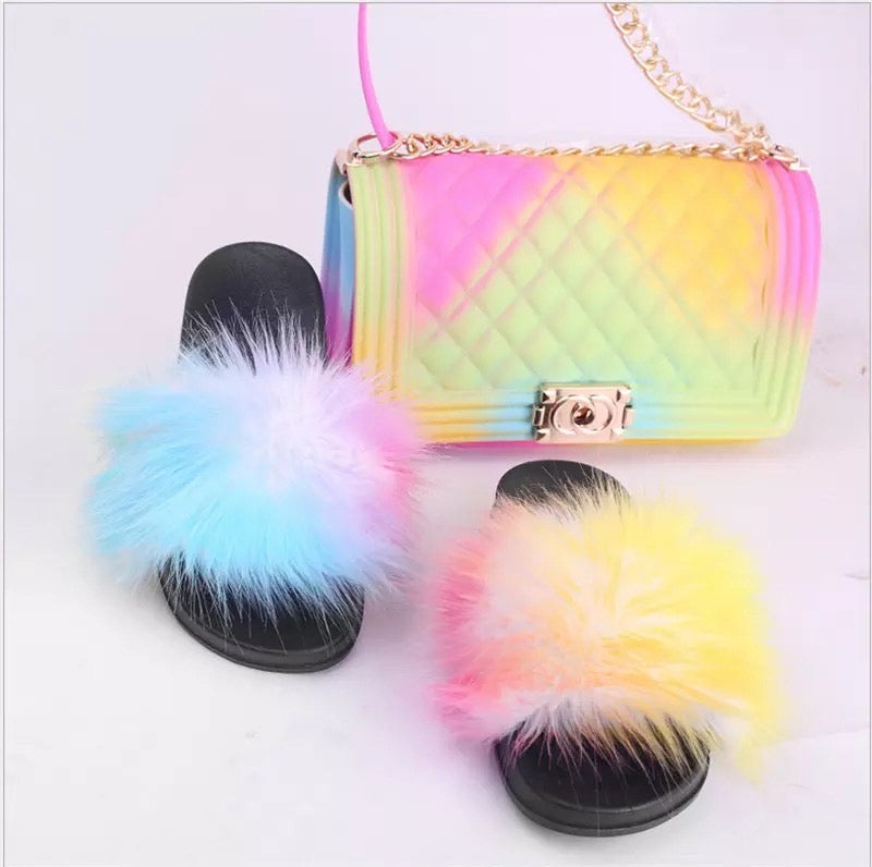 Rainbow jelly bag and fur sandals set