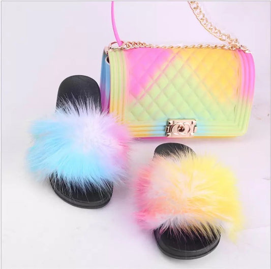 Rainbow jelly bag and fur sandals set